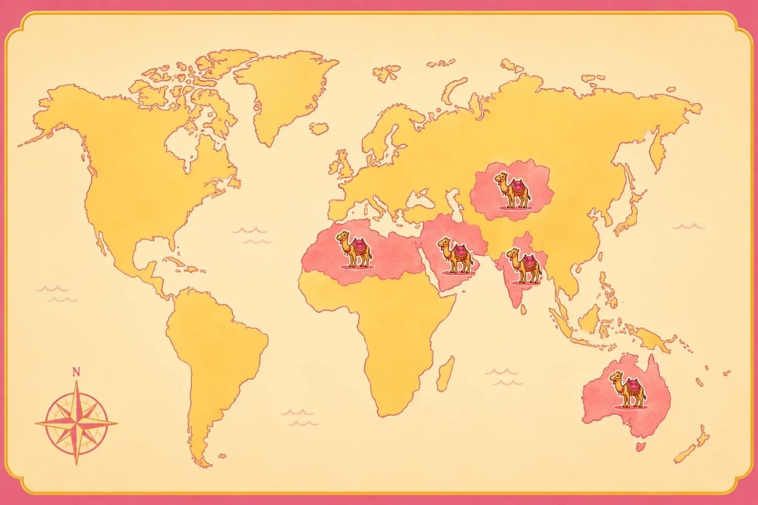 Camel Calculator around the world World map showing camel icons across key regions, highlighting the global presence of camels.