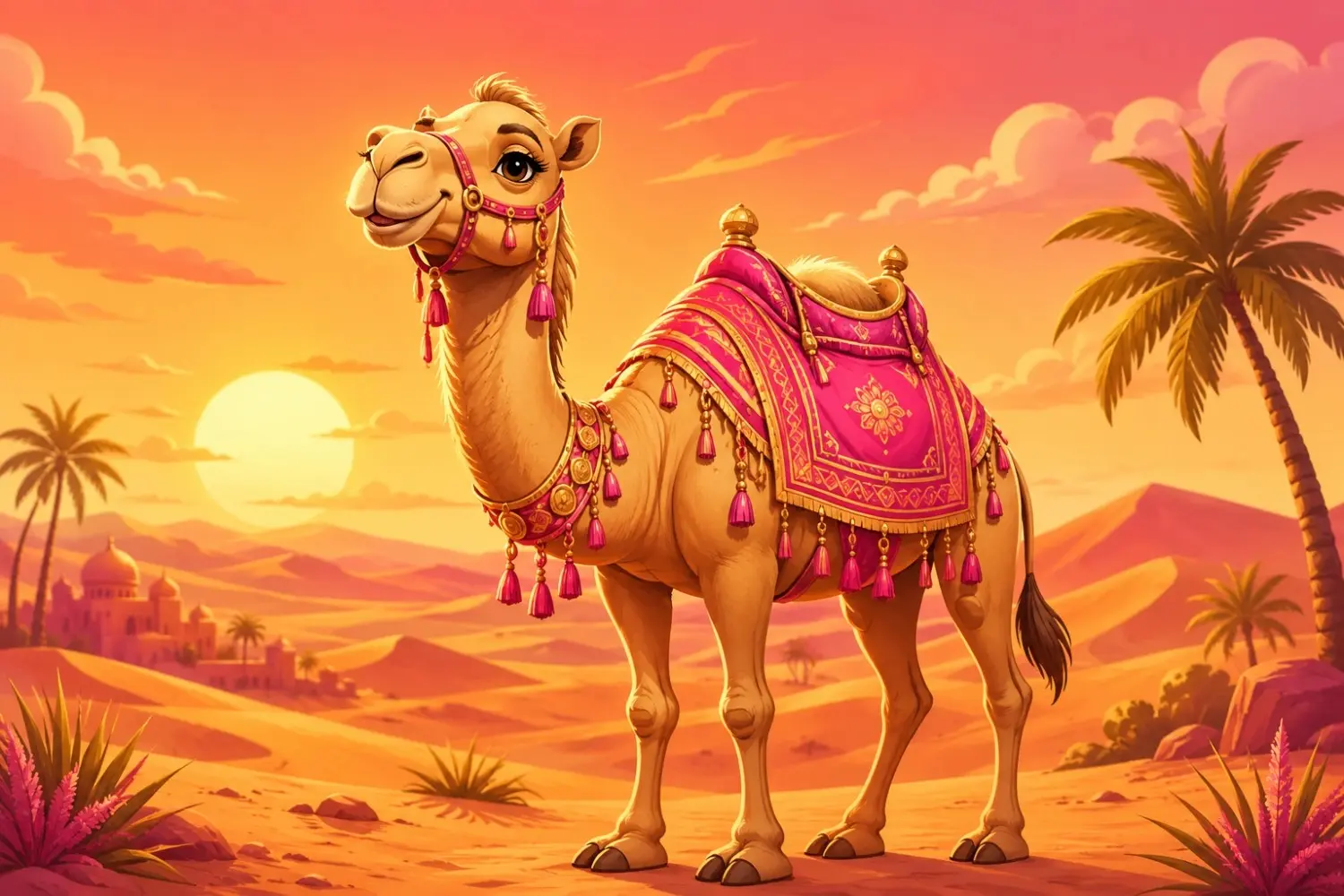 Camel Calculator Cartoon camel standing in a desert sunset with pink and gold colors, surrounded by dunes and palm trees.