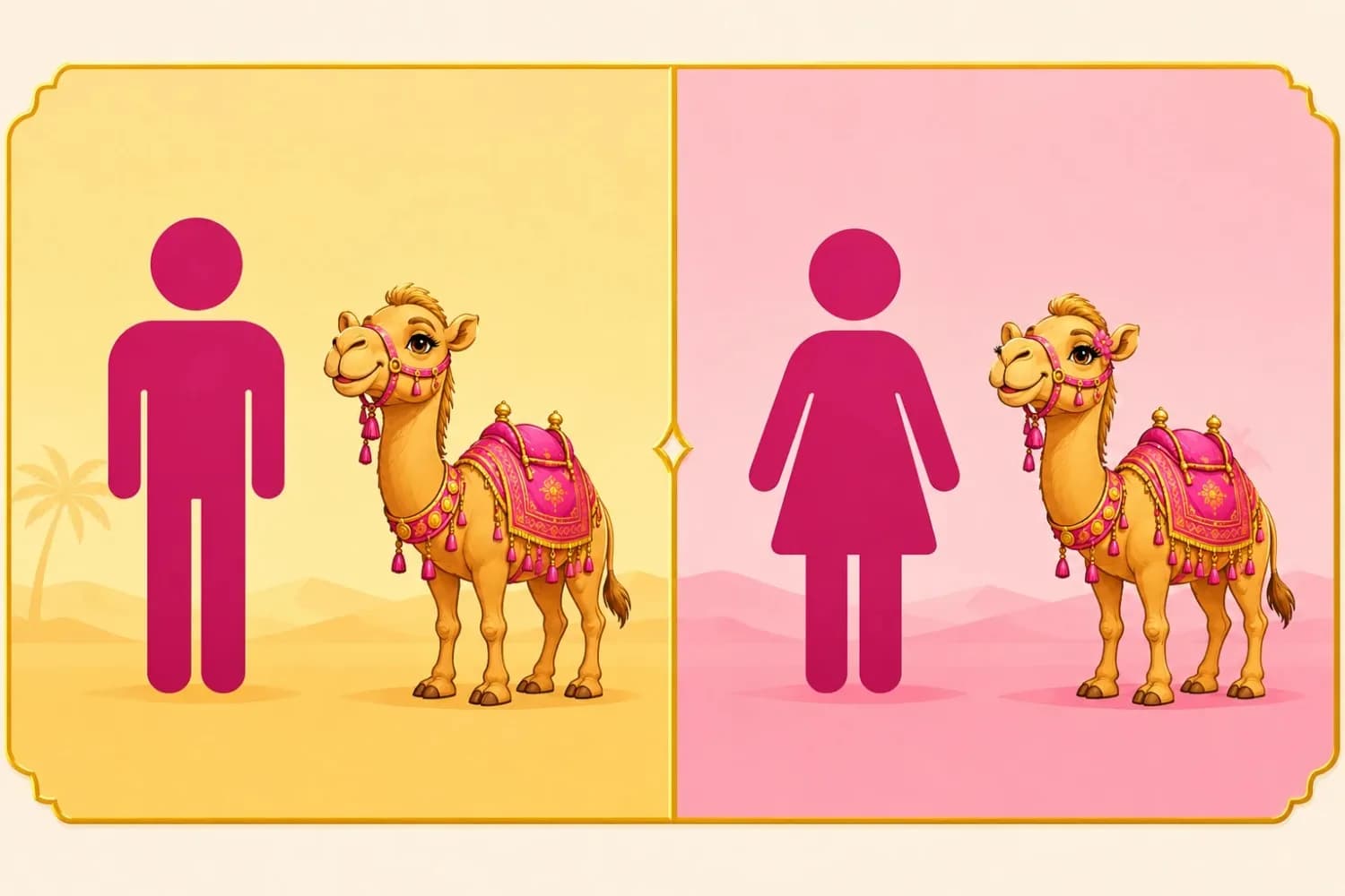 Camel Calculator for men and women Male and female icons beside cartoon camels in a split-screen desert-themed comparison graphic.